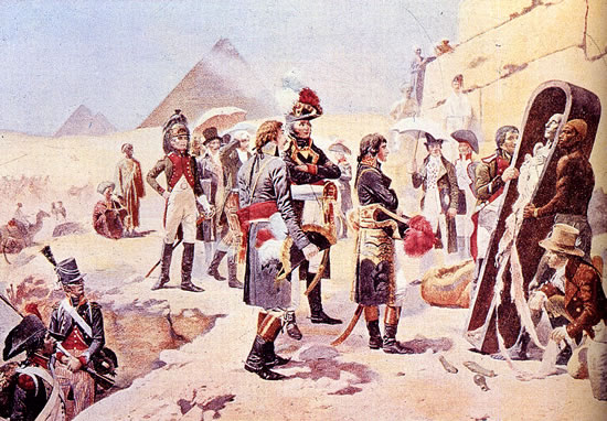 Napoleone accanto ai 'savans', gli esperti incaricati di realizzare la descrizione dell'Egitto, Orange, 1799 