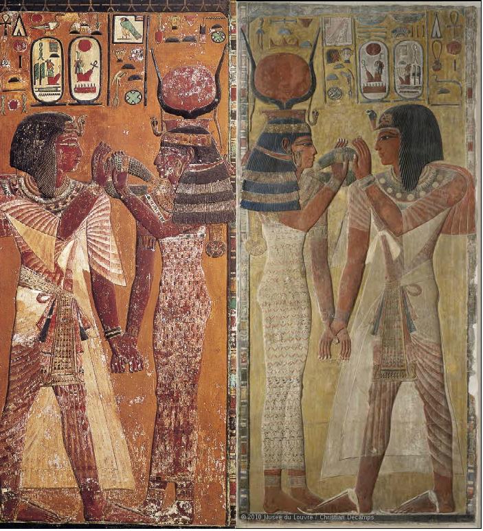 Il pilastro della tomba d Seti I: la parte a sinistra è esposta al Museo Egizio di Firenze, quella a destra è invece al Louvre
